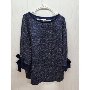 Charter Club Navy Blue Textured Sweater With Bow-Tied Sleeves & Gold Grommet Acc